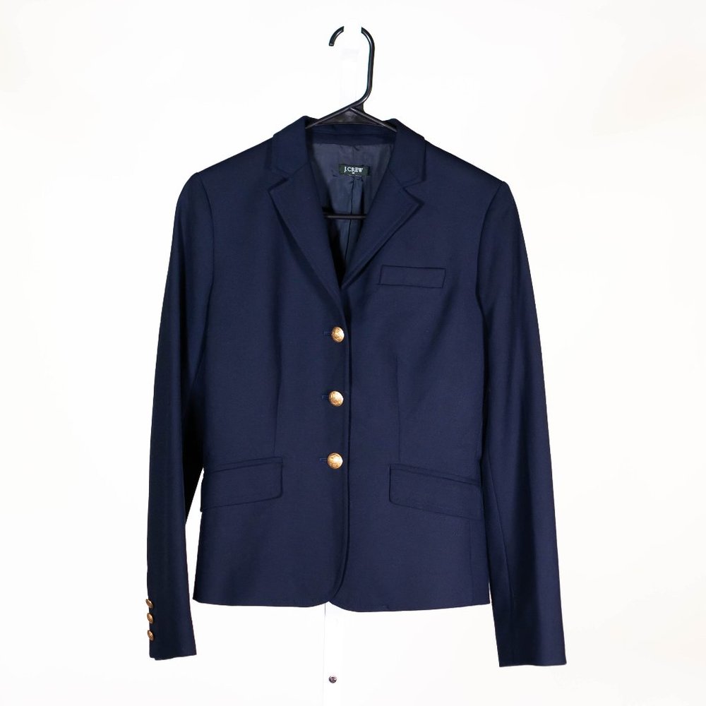 J. Crew Women's Blazer Jacket Navy Blue Wool Blend Three Button Work Suit Size 4